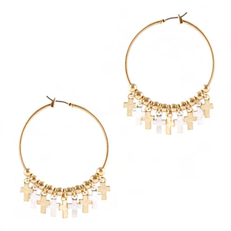 Unique Christian Style Dangling Cross Charms On Large Side Silhouette Hoops With Hinged Pin Catch Earring Backs, 2" (Gold Tone Hoop - Silver Gold Tone Crosses)