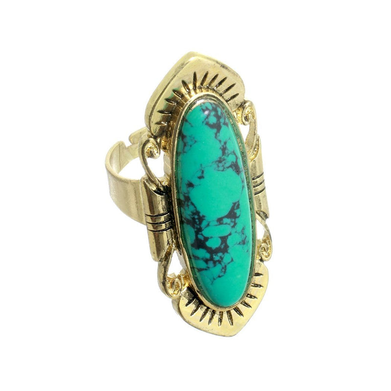 Western Style Statement Oval Turquoise Howlite Stone Burnished Gold Tone Concho Adjustable Ring, 1.75"