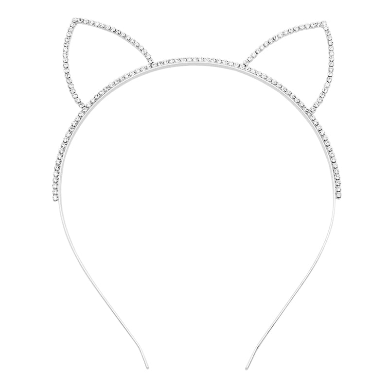 Sparkling Rhinestone Cat Ears Metal Headband (Silver Tone)