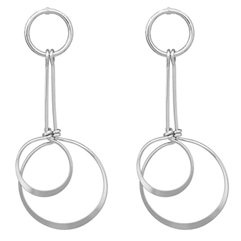 Double Geo Circle and Bar Hoop Dangle Earrings (Silver)