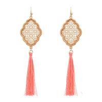 Moroccan Filigree Tassel Earrings Peachy Pink Thread, 3.5"