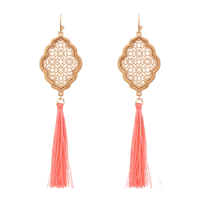 Moroccan Filigree Tassel Earrings Peachy Pink Thread, 3.5"