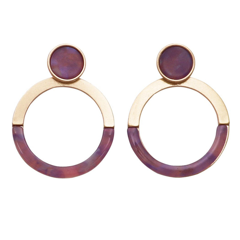 Lucite Disc and Hoop Geometric Drop Earrings (Purple)