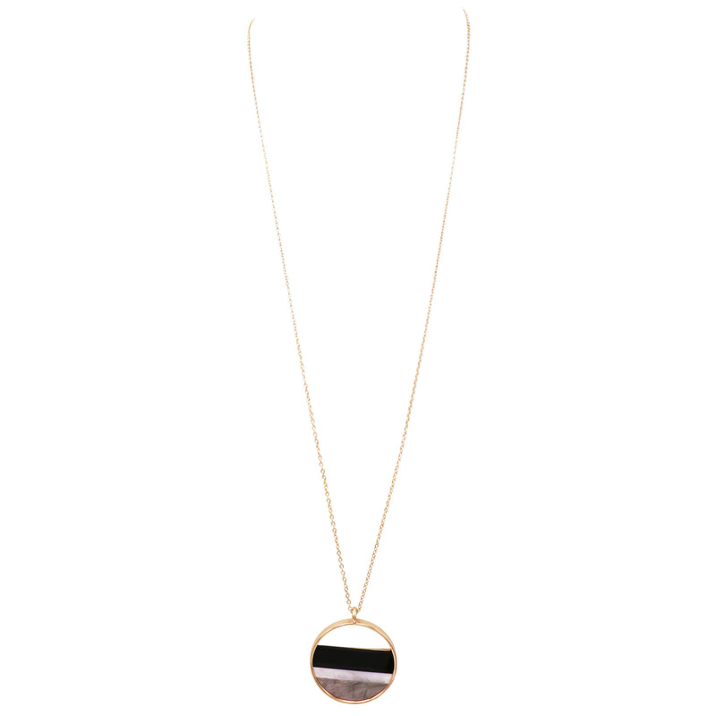 Lucite Stripes in Gold Tone Ring Long Necklace (Black)
