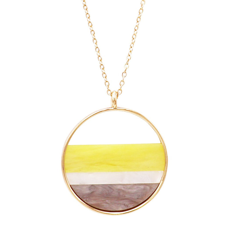 Extra Long Round Pendant Necklace Yellow Grey