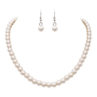 Women's Elegant and Classic Glass Faux Pearl Strand Necklace Earring Jewelry Set, 17" with 3" Extender