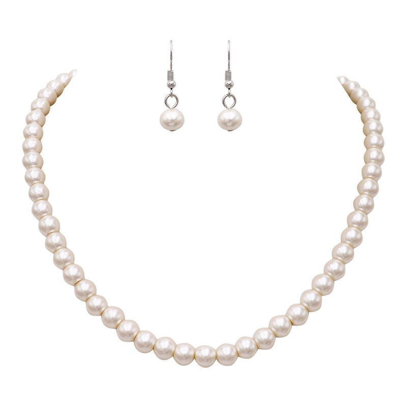 Elegant Glass Simulated Pearl Strand Necklace Earrings Set