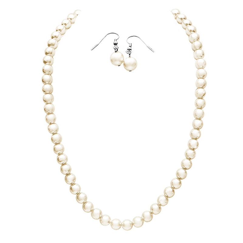 Elegant Glass Simulated Pearl Strand Necklace Earrings Set