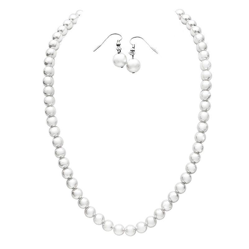 Simulated 8mm Glass Pearl Necklace Strand And Dangle Earrings Set, 16"-19",18"-21" with 3" Extender (White, 18)