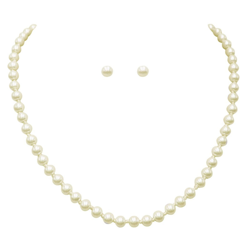 Knotted Simulated Cream Pearl Necklace and Earring Jewelry Gift Set, 18" with 3" Extender