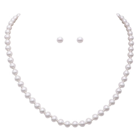 Simulated 8mm Glass Pearl Necklace Strand And Dangle Earrings Set, 16"-19",18"-21" with 3" Extender (White, 16)
