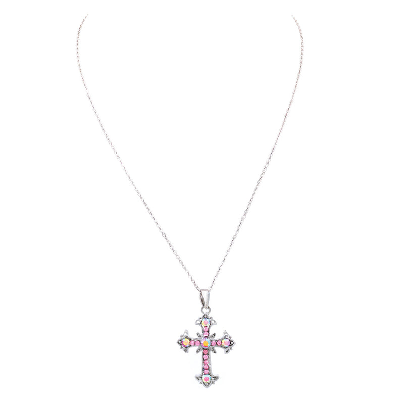 Decorative Crystal Cross Pendant Necklace (Pink)