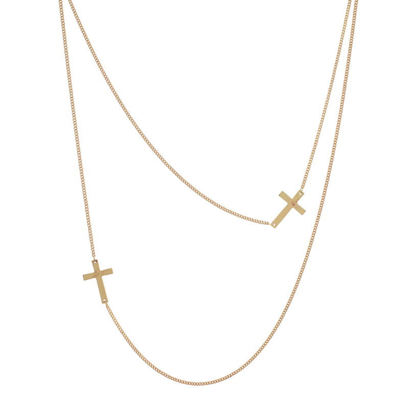Rosemarie Collections Women's Religious Sideways Cross Double Strand Long Necklace (Gold Tone) â€¦