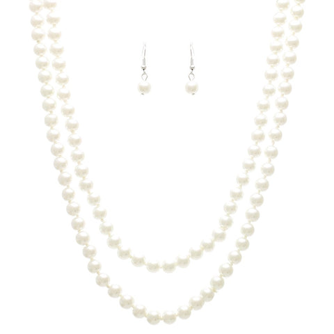 Statement Piece X-Large Holiday Simulated Pearl Strand Bib Necklace Earrings Set, 18"+4" Extender (White)