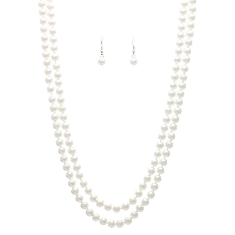Stunning Classic Knotted Simulated Glass 8mm Pearl Necklace And Dangle Earrings Set, 48",60" (White, 60)