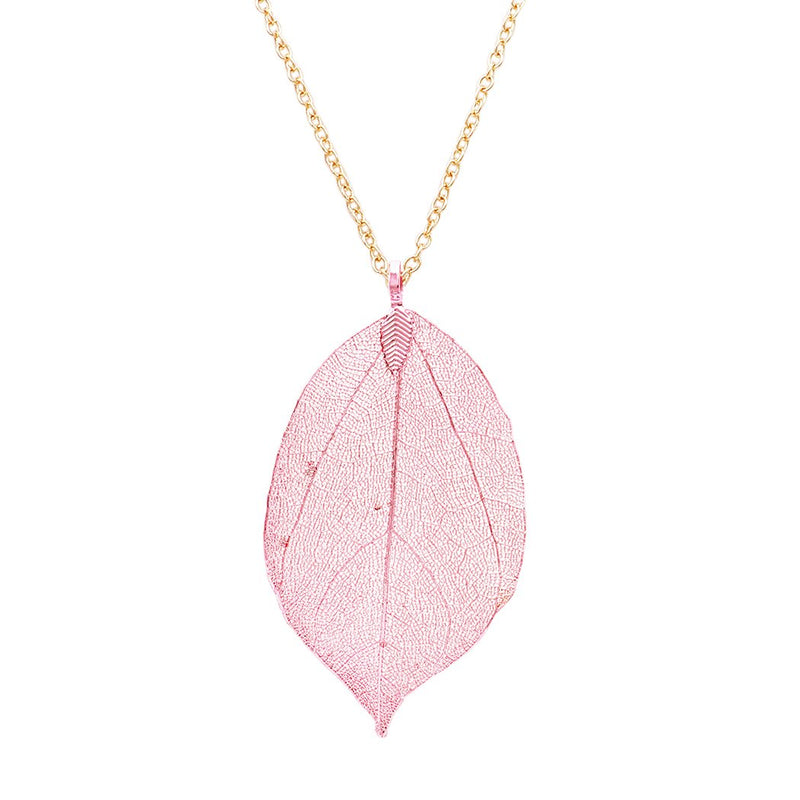 Metal Dipped Natural Leaf Long Pendant Necklace (Pink)