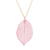 Metal Dipped Natural Leaf Long Pendant Necklace (Pink)