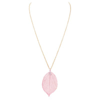 Metal Dipped Natural Leaf Long Pendant Necklace (Pink)