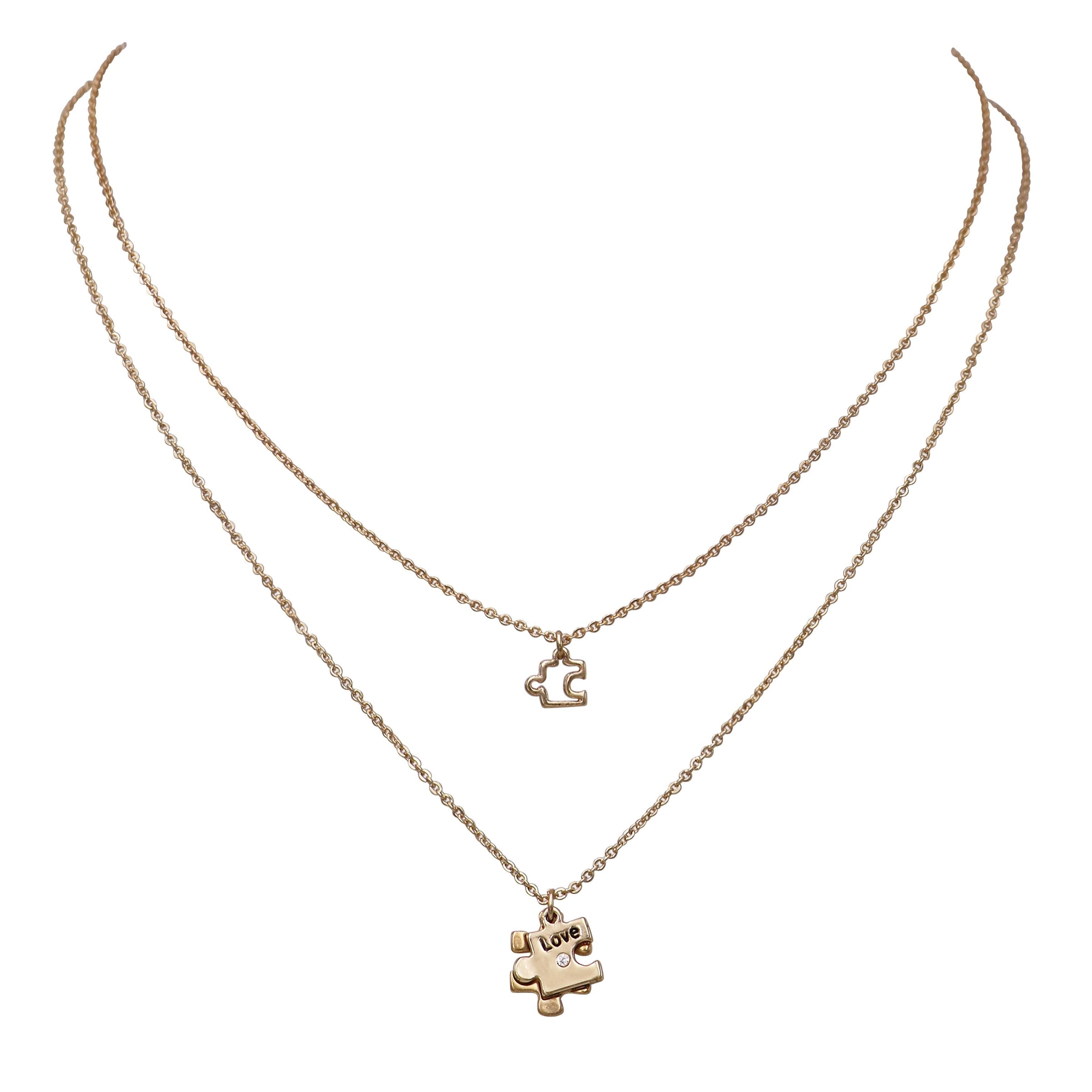 Set of 2 Polished Metal With Crystal Rhinestone Autism Awareness Puzzle Piece Charm Necklaces, (Gold Tone) 16"-19" & 18"-21" with the 3" Extender