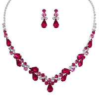 Rhinestone Teardrop Statement Necklace Drop Earrings Set Silver Tone/Fuchsia Pink