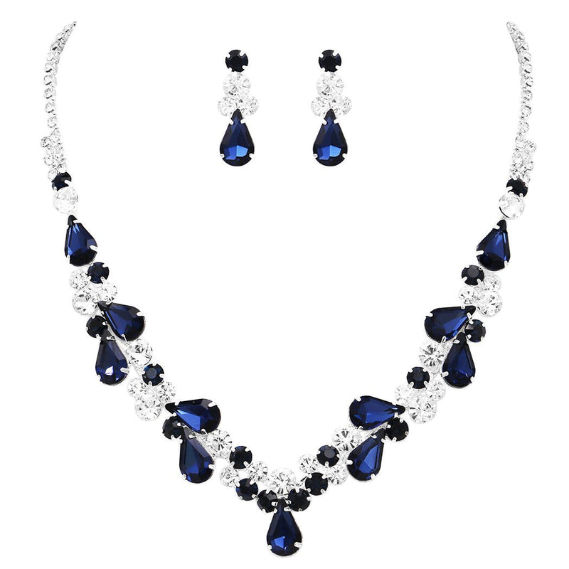 Rhinestone Teardrop Statement Necklace Drop Earrings Set (Silver Tone/Montana Blue)