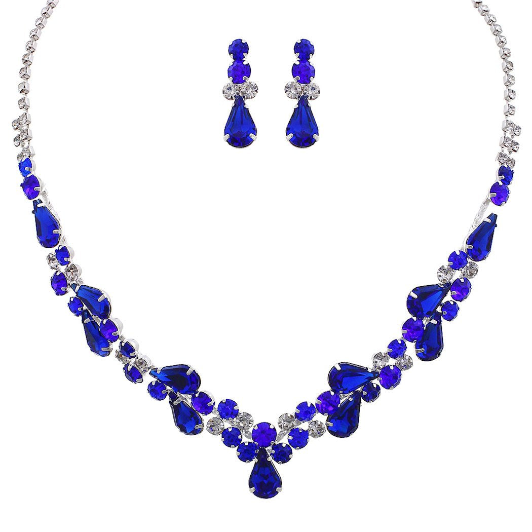 Rhinestone Teardrop Statement Necklace Drop Earrings Set (Silver Tone/Sapphire Blue)