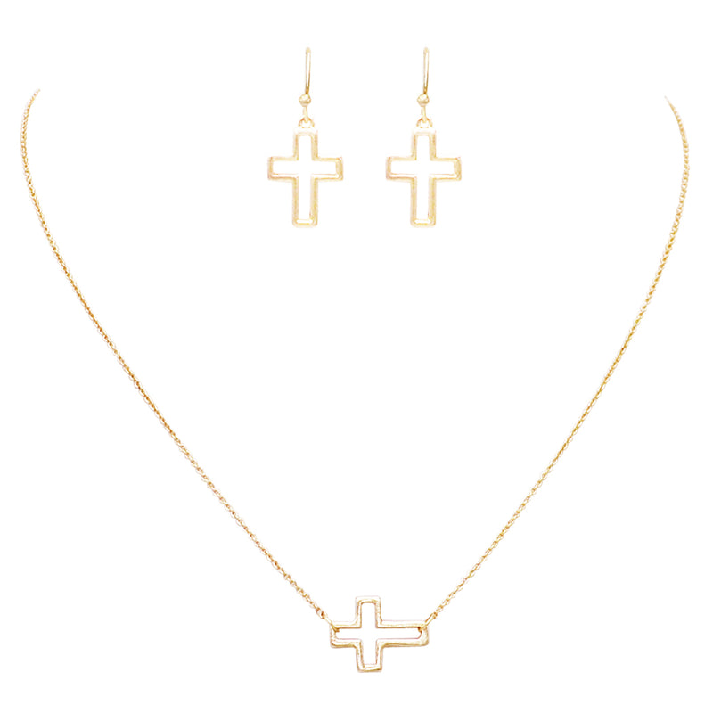 Religious Cross Necklace and Matching Earring Jewelry Gift Set (Gold tone)