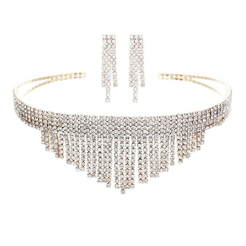 Crystal Fringe Choker Statement Necklace Jewelry Set (Gold)