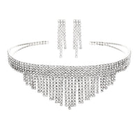 Crystal Fringe Choker Statement Necklace Jewelry Set (Silver)