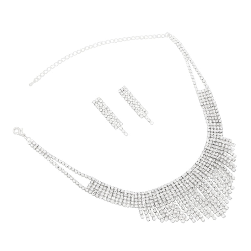 Crystal Fringe Choker Statement Necklace Jewelry Set (Silver)