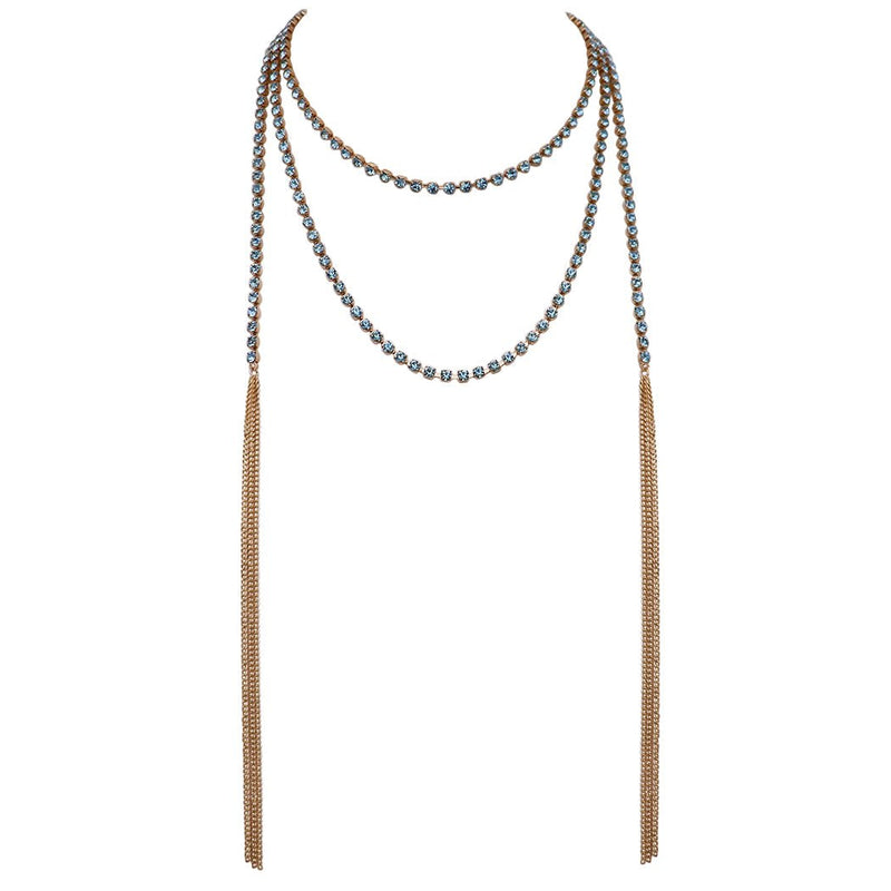 74" Rhinestone Strand Wrap Style Crystal Statement Necklace With Tassels (Aqua)