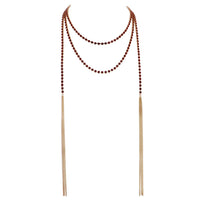 74" Long Rhinestone Strand Statement Necklace With Tassels (Red)