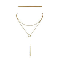 Hoop Lariat with Bar and Thin Faux Suede Choker Two Necklace Set (Tan)