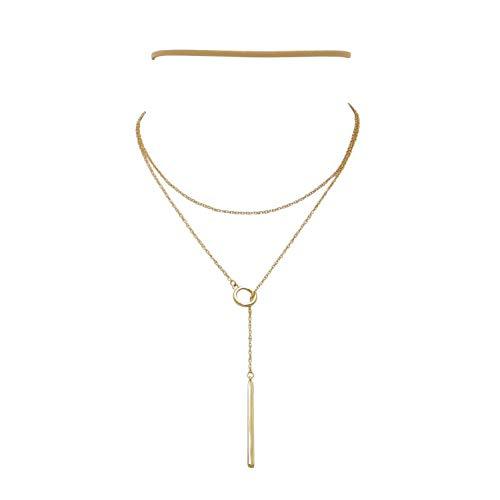 Hoop Lariat with Bar and Thin Faux Suede Choker Two Necklace Set (Tan)