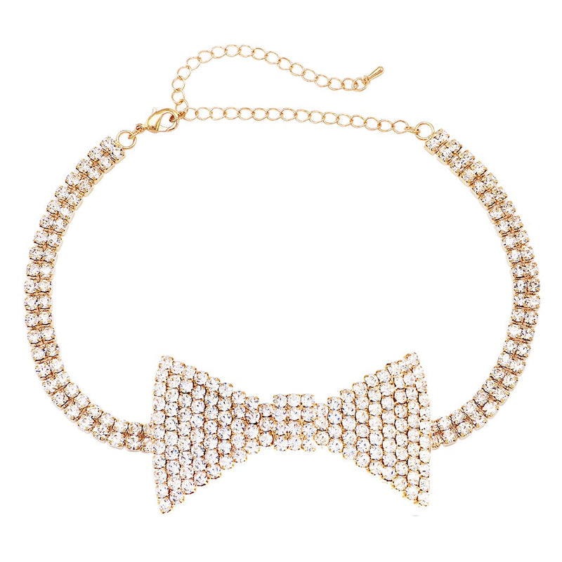 Fabulous Sparkling Crystal Choker Bow Tie Necklace, 12"+5" Extender (Clear Crystal Gold Tone)