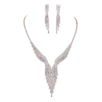 Simply Stunning Crystal Rhinestone Fringe Silver Tone Necklace And Hypoallergenic Post Back Earrings Bridal Set, 13"+5"