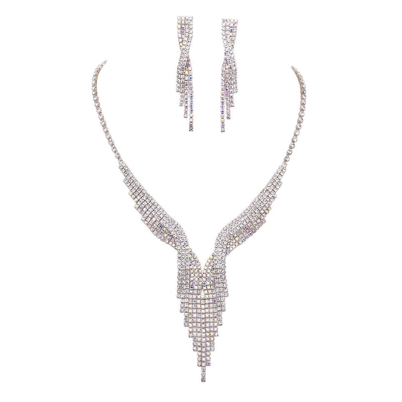Simply Stunning Crystal Rhinestone Fringe Silver Tone Necklace And Hypoallergenic Post Back Earrings Bridal Set, 13"+5"