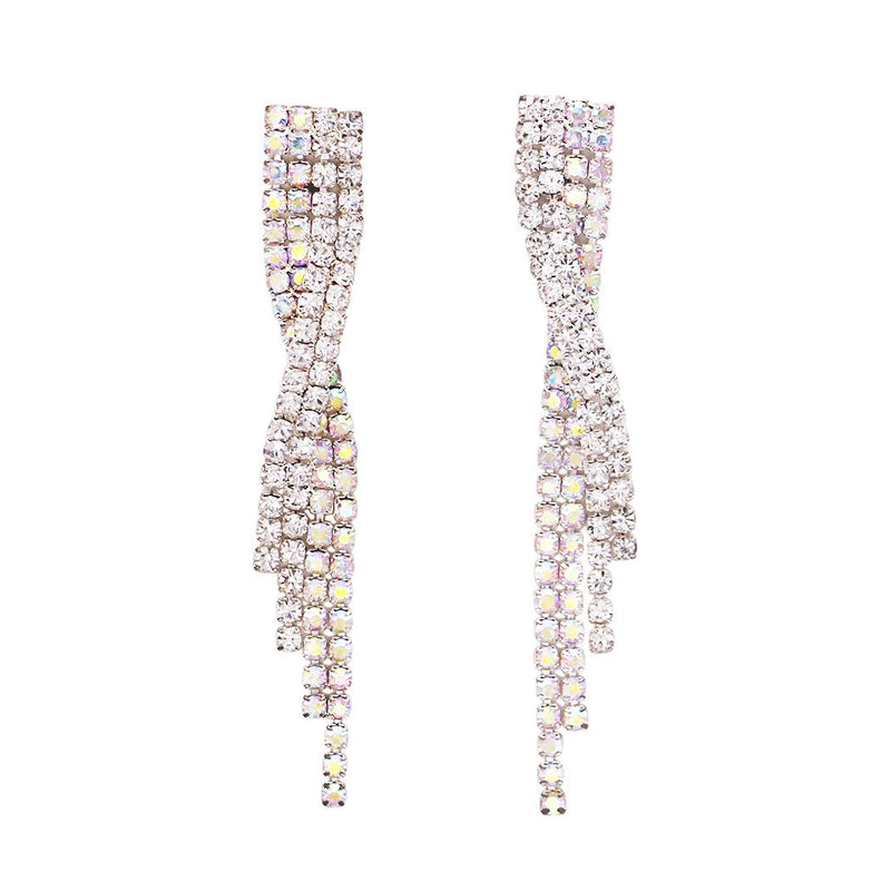Simply Stunning Crystal Rhinestone Fringe Silver Tone Necklace And Hypoallergenic Post Back Earrings Bridal Set, 13"+5"