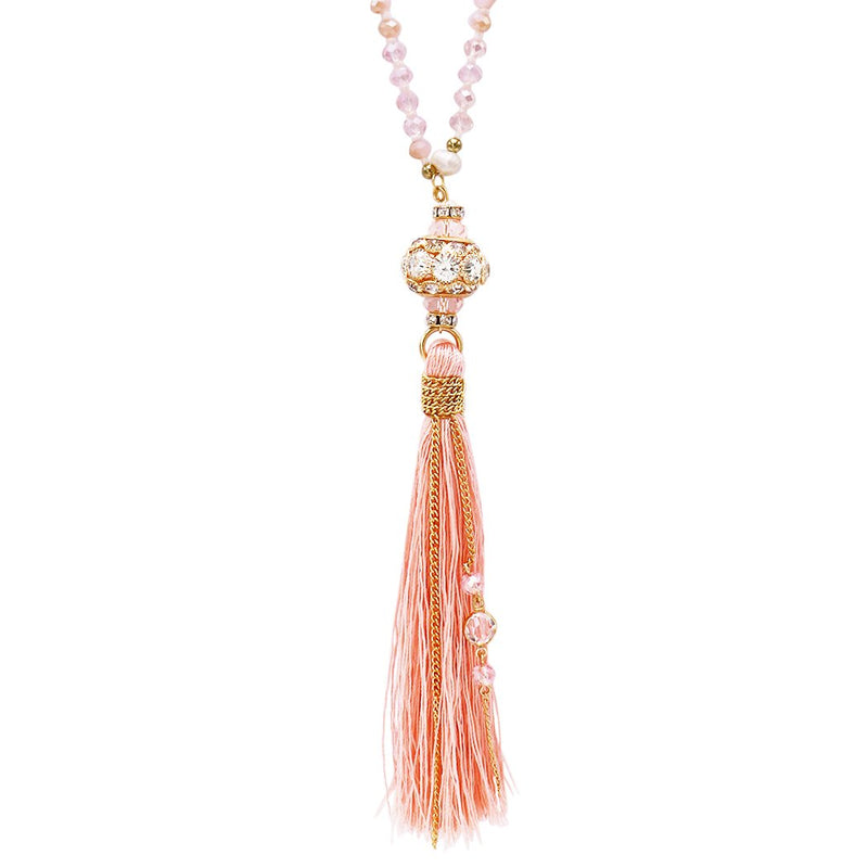 Elegant Glass Bead and Tassel Necklace (Light Pink)