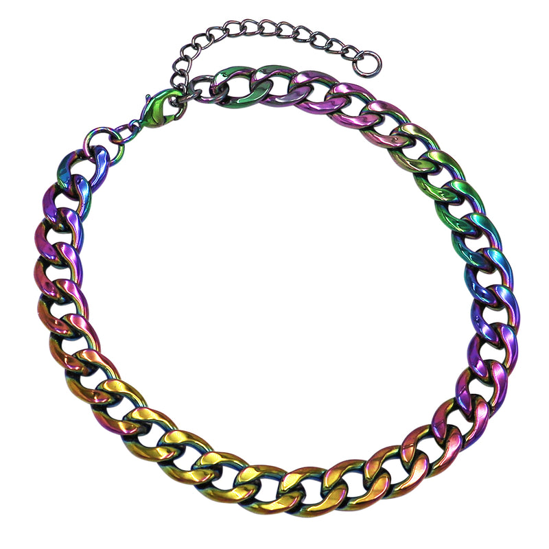 Stunning Polished Metal Chunky Curb Link Chain Choker Necklace (14mm Thick, Lobster Claw Clasp 16"+3" Extender, Color Coated Vitrail Rainbow)