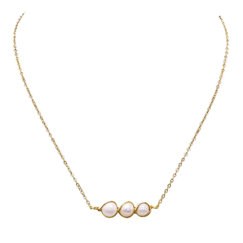 Horizontal Petite Wire Wrapped Faux Pearl Pendant Necklace,15" with 3" Extender