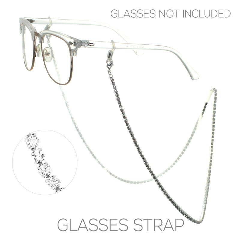 Elegant 3mm Crystal Rhinestone Strap Reader Eyeglass Chain Necklace Holder, 28.5" (Silver Tone)