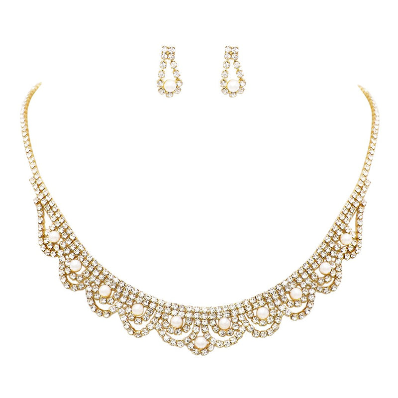 Stunning Round Faux Pearl and Crystal Bridal Necklace and Earring Jewelry Gift Set