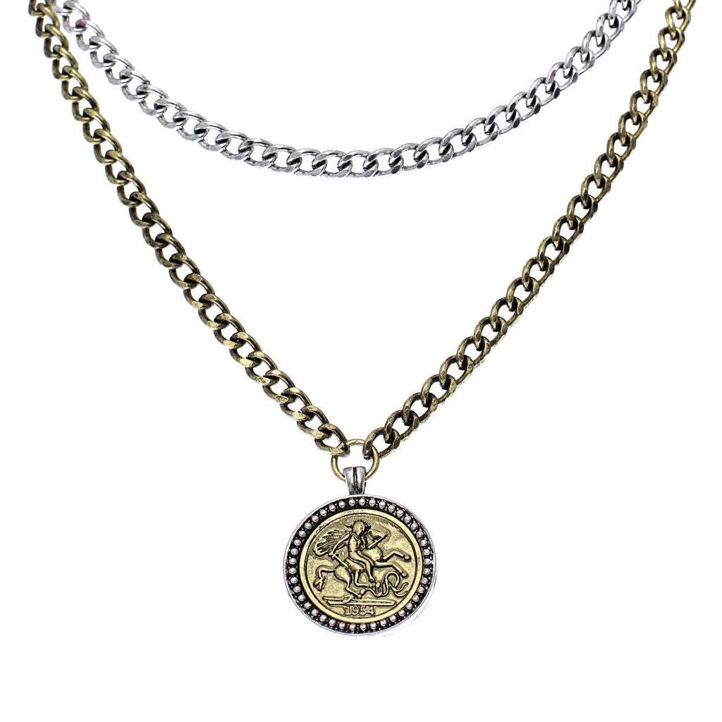 Rosemarie Collections Two Tone Coin Pendant Double Chain Necklace Set