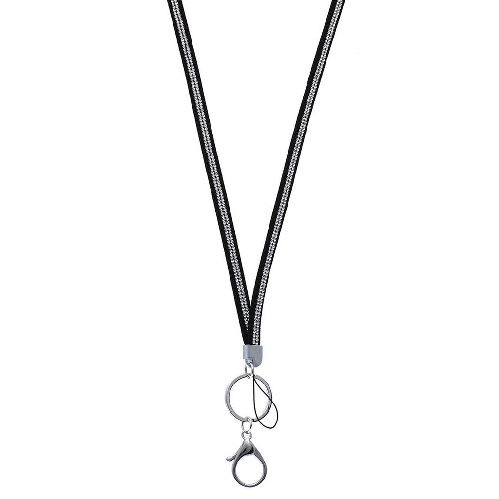 Black Vegan Leather and Crystal ID Badge Lanyard Necklace Key and Eyeglass Holder (Silver)