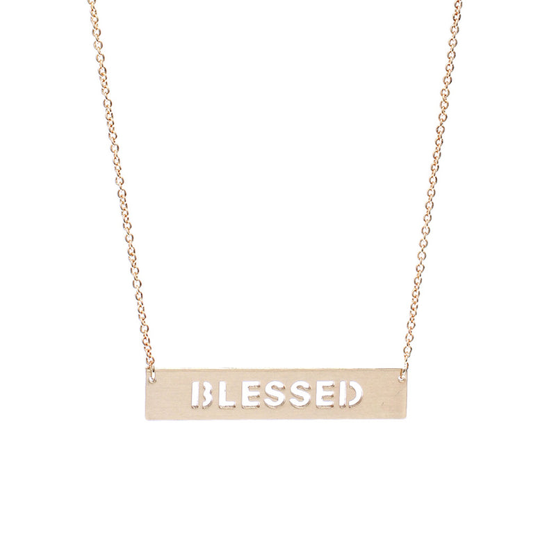 Inspirational Bar Pendant Necklace "Blessed" (Gold Tone Block Letter)