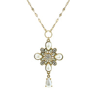 Decorative Faux Pearl and Crystal Teardrop Cross Pendant Necklace