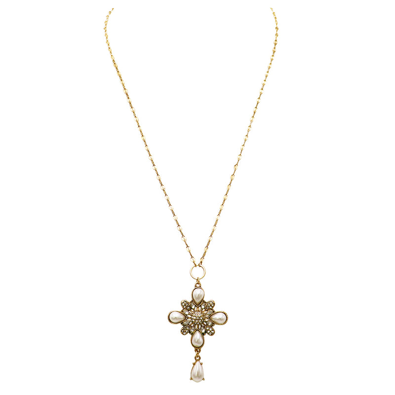 Decorative Faux Pearl and Crystal Teardrop Cross Pendant Necklace