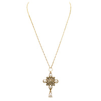 Decorative Faux Pearl and Crystal Teardrop Cross Pendant Necklace