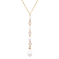 Long Elegant Crystal and Faux Pearl Teardrop Y Pendant Necklace